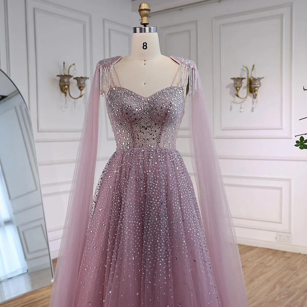 Luxury Pink Tulle Beaded A-Line Evening Dress with Cape Sleeves LA73072 - SERENE HILL