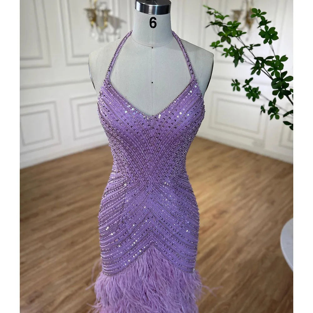 Lilac Feather Halter Mermaid Luxury Dubai Evening Dress LA72056 - SERENE HILL