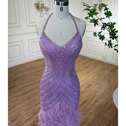 Lilac Feather Halter Mermaid Luxury Dubai Evening Dress LA72056 - SERENE HILL