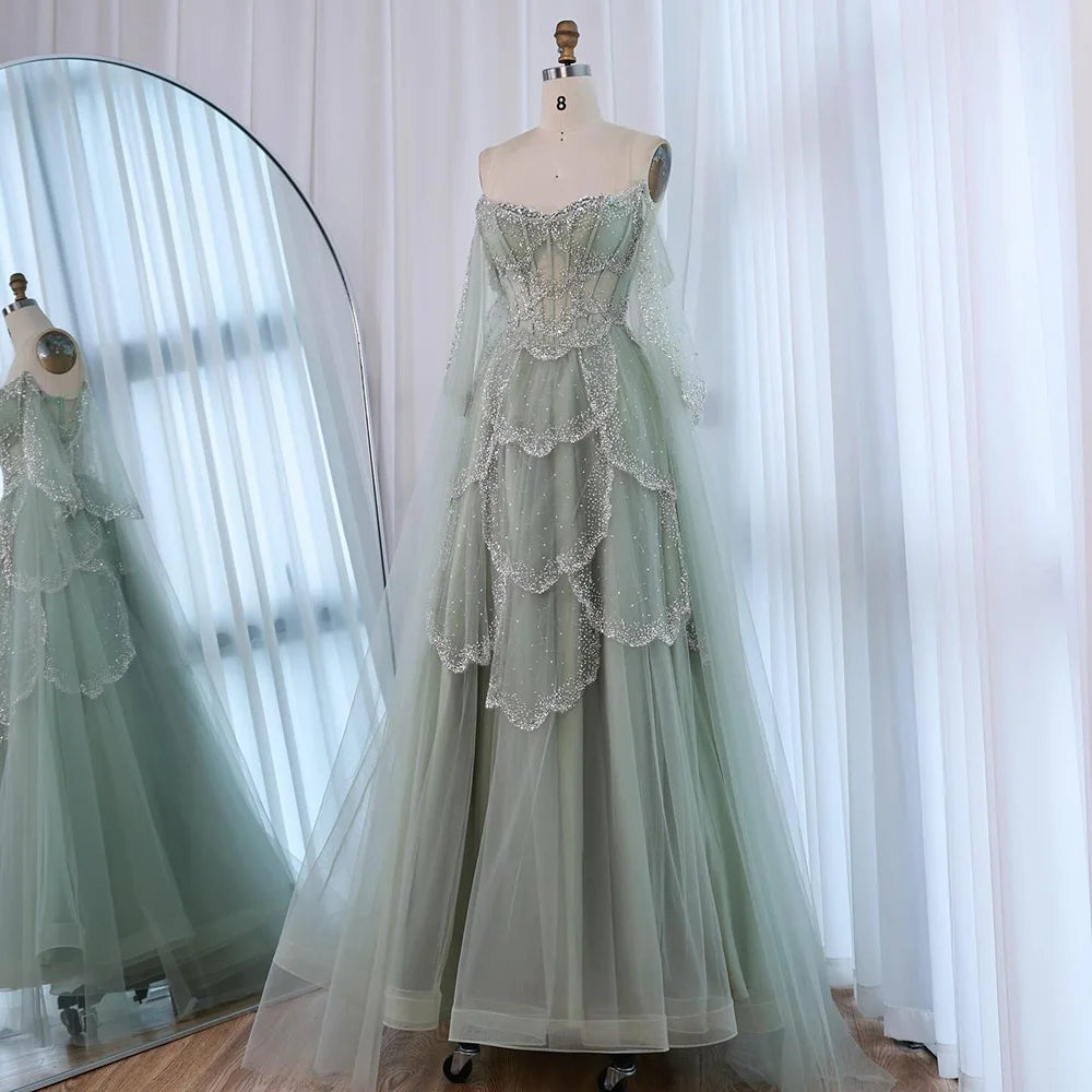Luxury Arabic Sage Green Beaded A-Line Evening Dress with Cape LA72605A - SERENE HILL