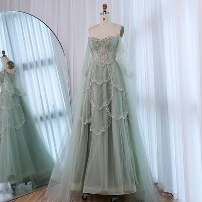 Luxury Arabic Sage Green Beaded A-Line Evening Dress with Cape LA72605A - SERENE HILL