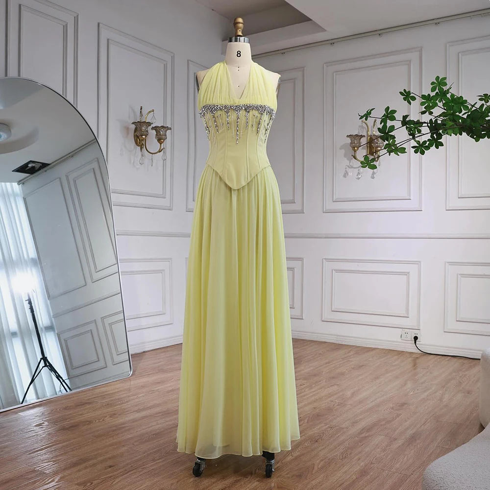 Luxury Designer Sage Green Chiffon Halter Beaded Corset Evening Dress LA73074 4 / Yellow