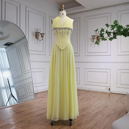 Luxury Designer Sage Green Chiffon Halter Beaded Evening Dress LA73074 - SERENE HILL