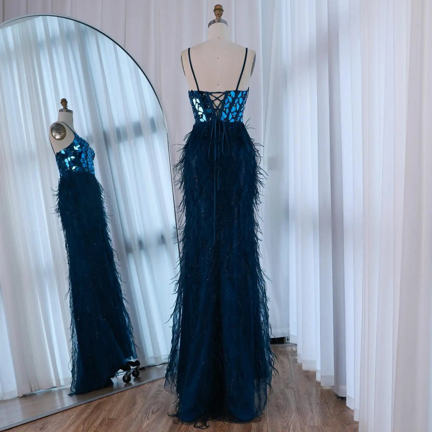 Luxury Peacock Blue Feather Evening Dress with Mirror Beaded Bodice LA73008 - SERENE HILL