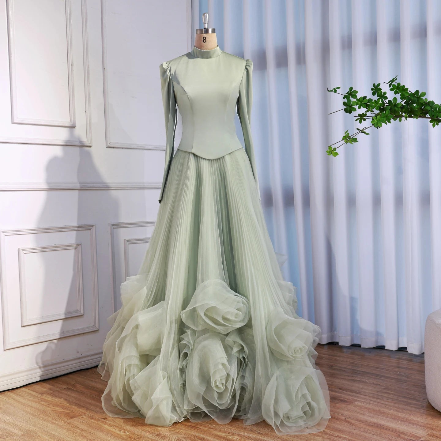 Luxury Sage Green Modest Muslim 3D Flower A-Line Evening Dress LA72913B Sage Green / 4