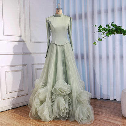Luxury Sage Green Modest Muslim 3D Flower A-Line Evening Dress LA72913B - SERENE HILL