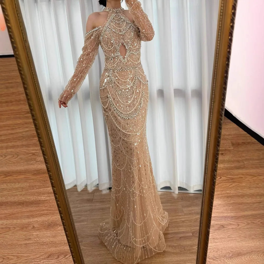 chinese dress ladies Nude Cutout Luxury Evening Dress Dubai Style for Women LA72607 Nude / 4