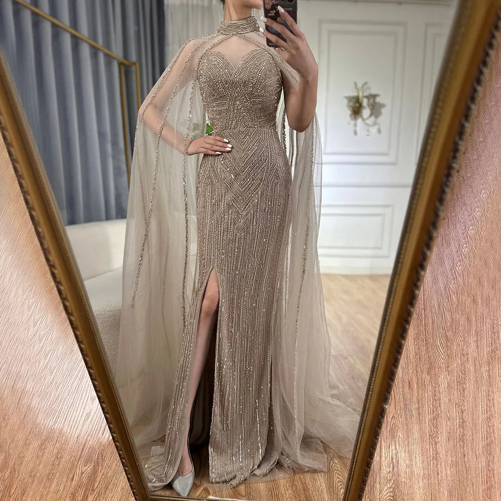 Serene Hill Caramel Cape Sleeves Mermaid High Split Beaded Evening Dresses Long Celebrity Gowns For Woman Party LA72233 - SERENE HILL
