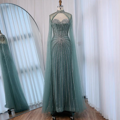 Nude Luxury Beaded Mermaid Evening Gown with Cape Sleeves LA72811A - SERENE HILL