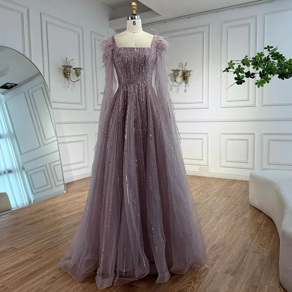 Blue Luxury Feathers Arabic Evening Dresses with Cape LA72236 - SERENE HILL