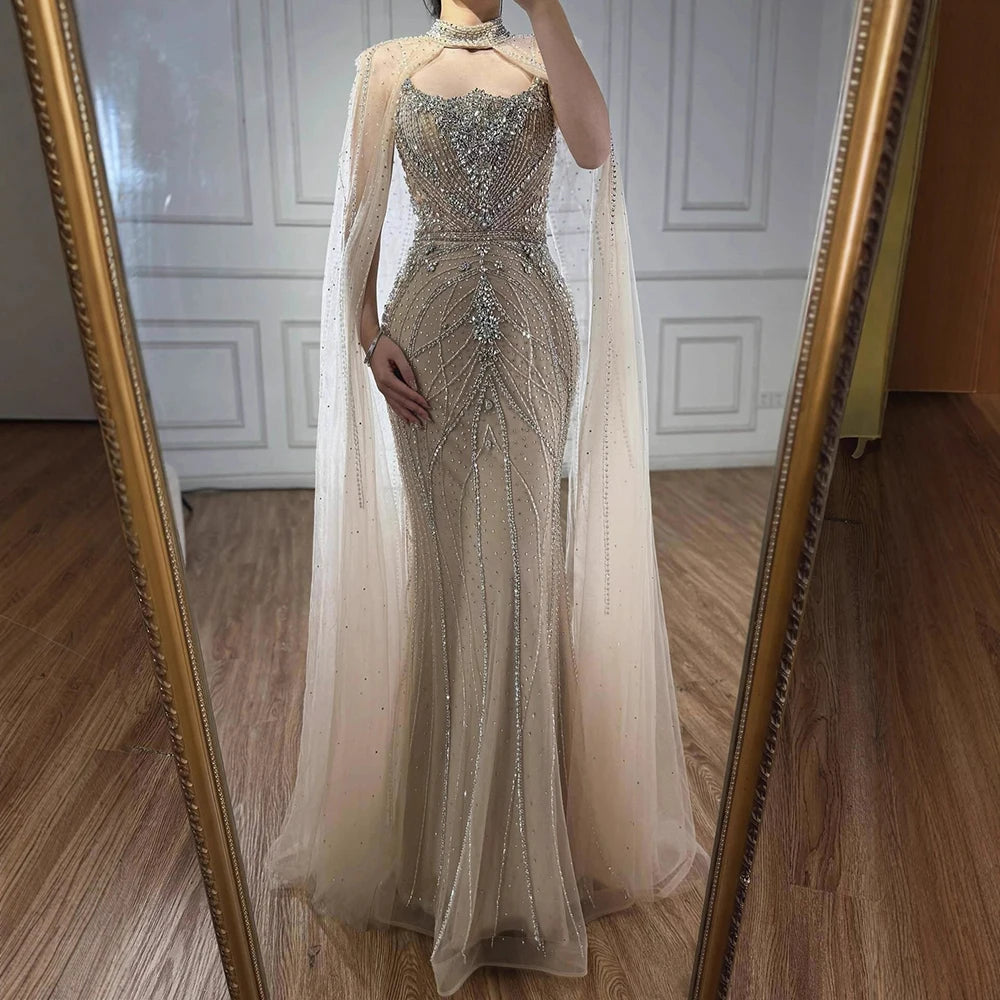 Luxury Dubai Nude Mermaid Evening Dress with Cape Sleeves LA73195 - SERENE HILL