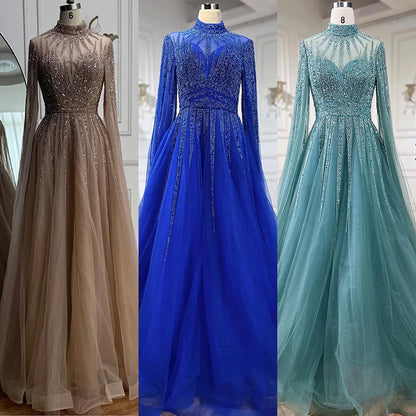 Luxury Arabic Turquoise A-Line Beaded Evening Dress with Cape LA72199 - SERENE HILL