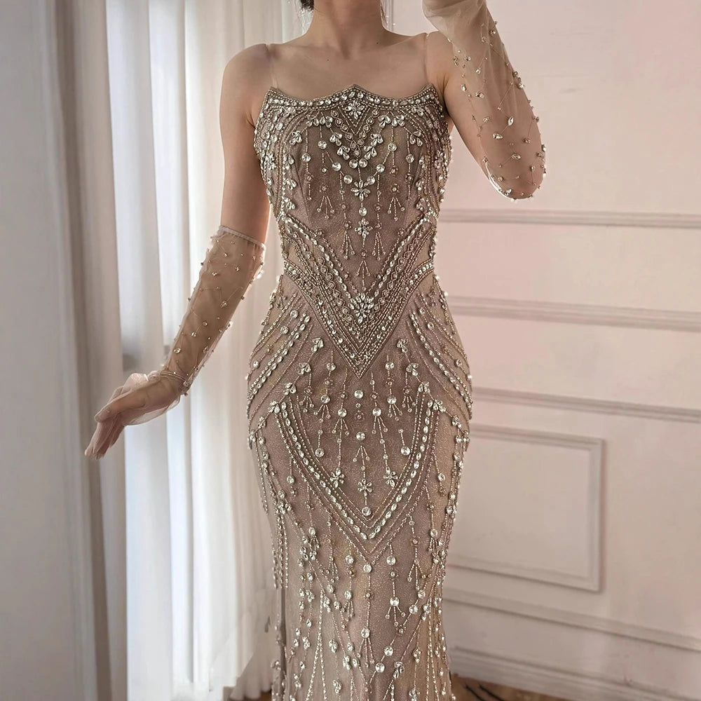 Luxury Caramel Crystal Beaded Mermaid Evening Gown with Gloves LA73186 - SERENE HILL