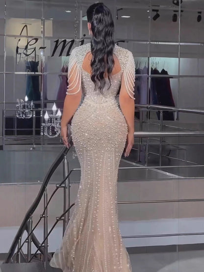 Luxury Nude Pearls Beaded Mermaid Evening Dress LA73199 - SERENE HILL