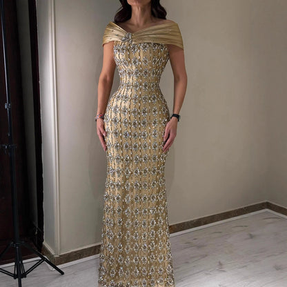 Luxury Gold Arabic Ruffles Evening Dress LA73362 - SERENE HILL