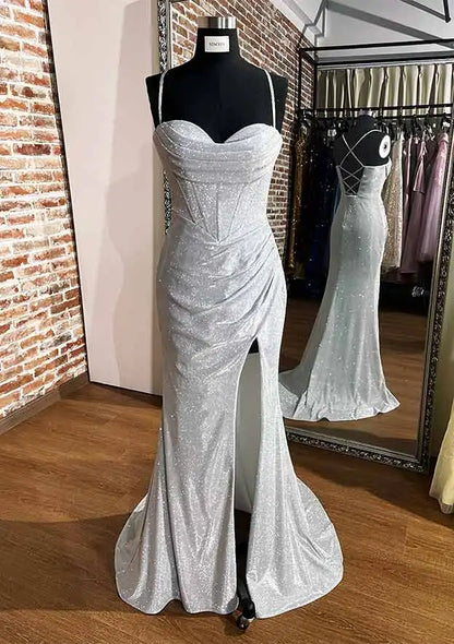 Serene Hill Arabic Silver Elegant Mermaid Spaghetti Straps Glitter Prom Dress with Pleated Split for Women&
