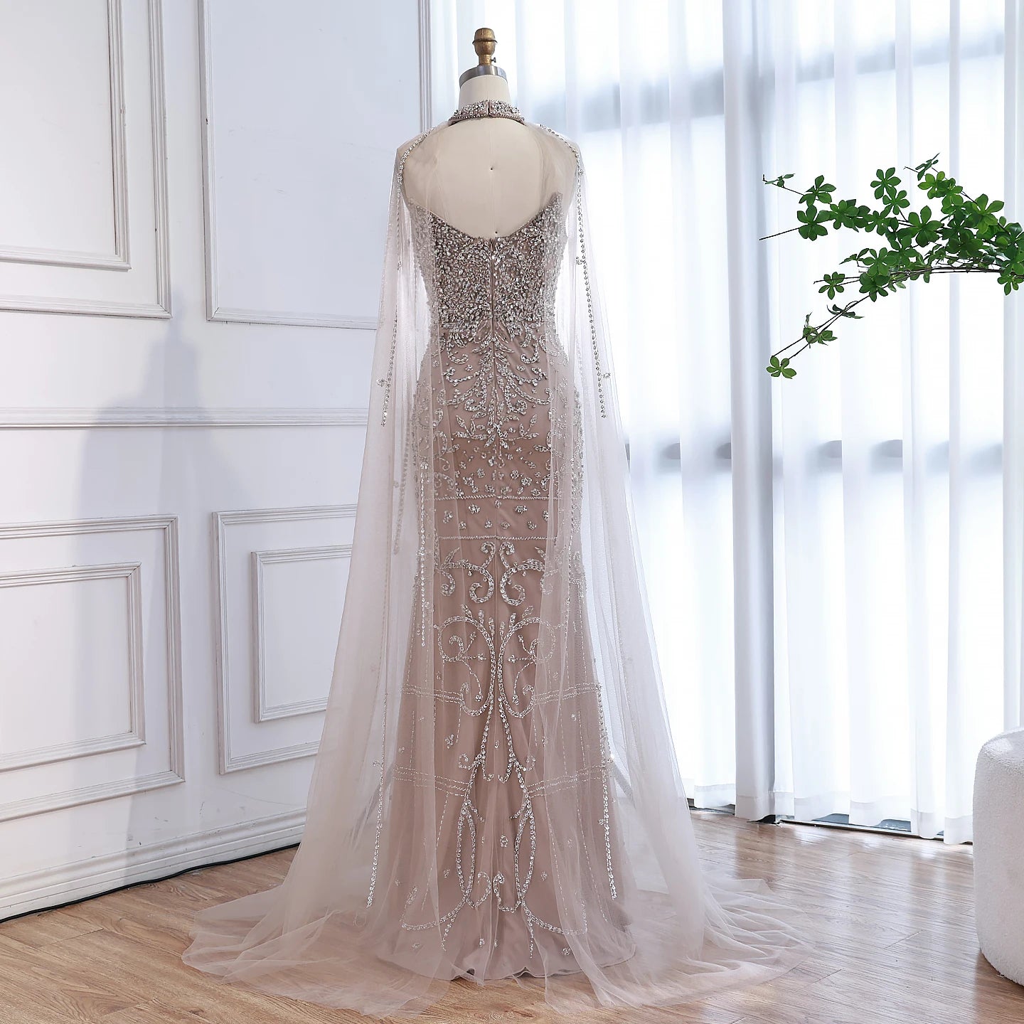 Luxury Sexy Split Evening Dress With Cape Nude LA73339 - SERENE HILL