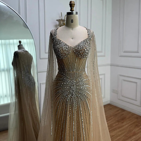 Luxury Nude Beaded Evening Dress with Cape Sleeves LA72575C