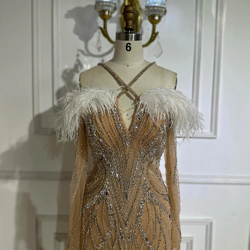 Luxury Dubai Blue Feather Beaded Luxury Mermaid Evening Dresses Gowns for Women Formal Occasion LA72836 - SERENE HILL