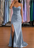 Serene Hill Arabic Blue Mermaid Spaghetti Straps Silk like Satin Prom Dresses with Pleated Split for Women&
