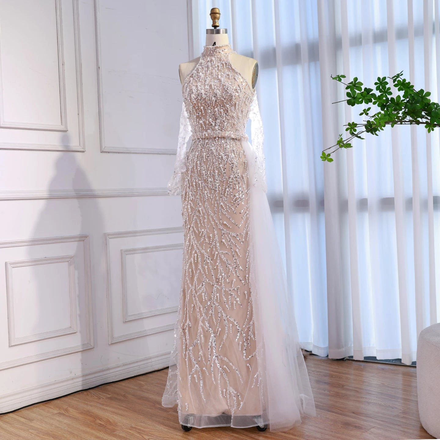 Luxury Lace Pearls Halter Mermaid Evening Dress With Glove White Nude LA72345F - SERENE HILL
