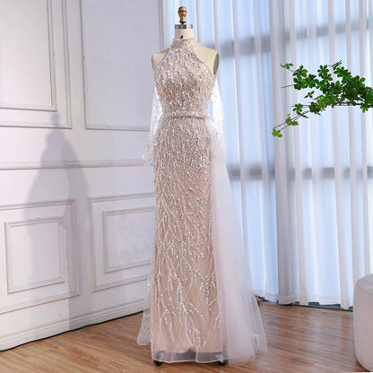 Luxury Lace Pearls Halter Mermaid Evening Dress With Glove White Nude LA72345F - SERENE HILL