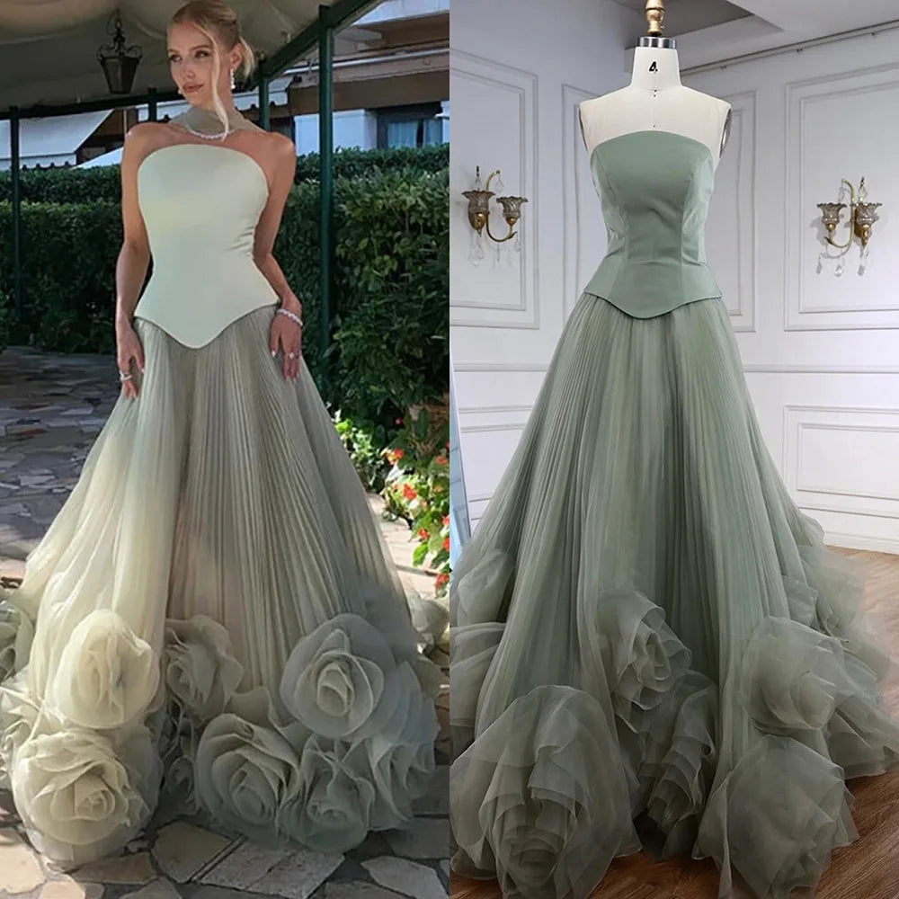 Elegant Sage Green 3D Flowers A Line Evening Dresses Gowns LA72913 - SERENE HILL