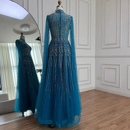 Luxury Arabic Blue Beaded Evening Dress with Cape Sleeves LA73187 - SERENE HILL