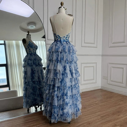 Serene Hill Spaghetti straps blue print floral Ruffle prom dress - SERENE HILL