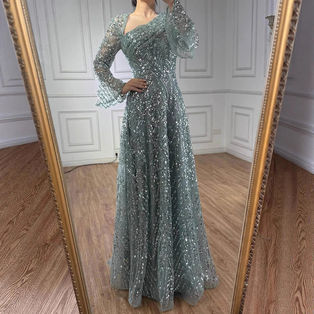 Luxury Turquoise Beaded A-Line Evening Dress with Puffy Sleeves LA73177 - SERENE HILL