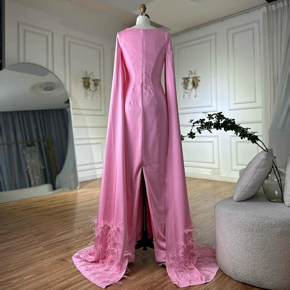 Luxury Arabic Pink Mermaid Evening Dress with Feather Cape LA72855 - SERENE HILL
