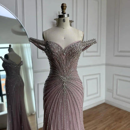 Luxury Nude Arabic Crystal Beaded Mermaid Off Shoulder Evening Dress LA73128 - SERENE HILL