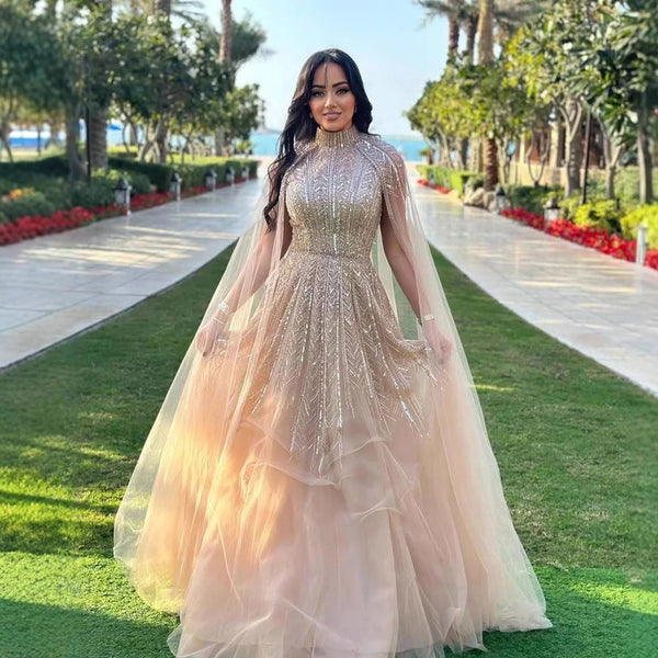 Luxury Beaded Design A-Line Blue Saudi Arabic Evening Dresses Gowns with Cape Sleeves for Formal Occasion LA72728