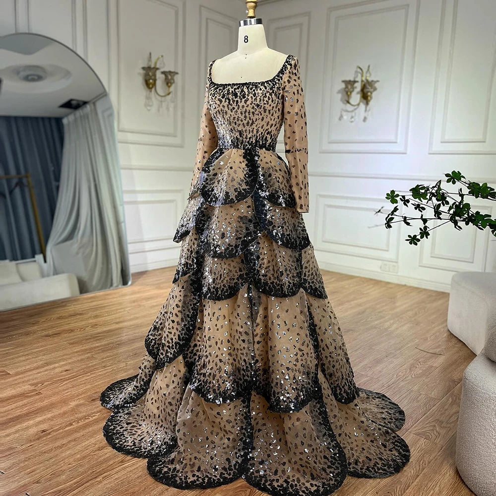 Luxury Black Nude Sequin Evening Dress with Long Sleeves LA72505B - SERENE HILL