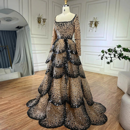 Luxury Black Nude Sequin Evening Dress with Long Sleeves LA72505B - SERENE HILL