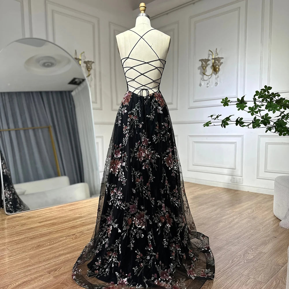 Luxury Dubai Spaghetti Strap A-Line Black Beaded Luxury Prom Dress for –  SERENE HILL