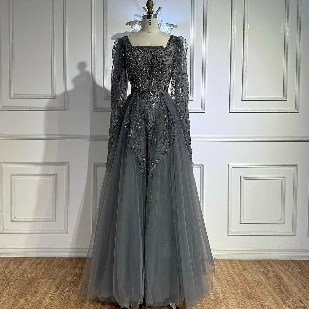Luxury Gray A Line Beaded Evening Dress for Women LA73088 - SERENE HILL