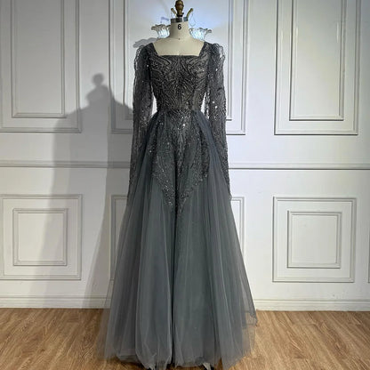 Luxury Gray A Line Beaded Evening Dress for Women LA73088 - SERENE HILL
