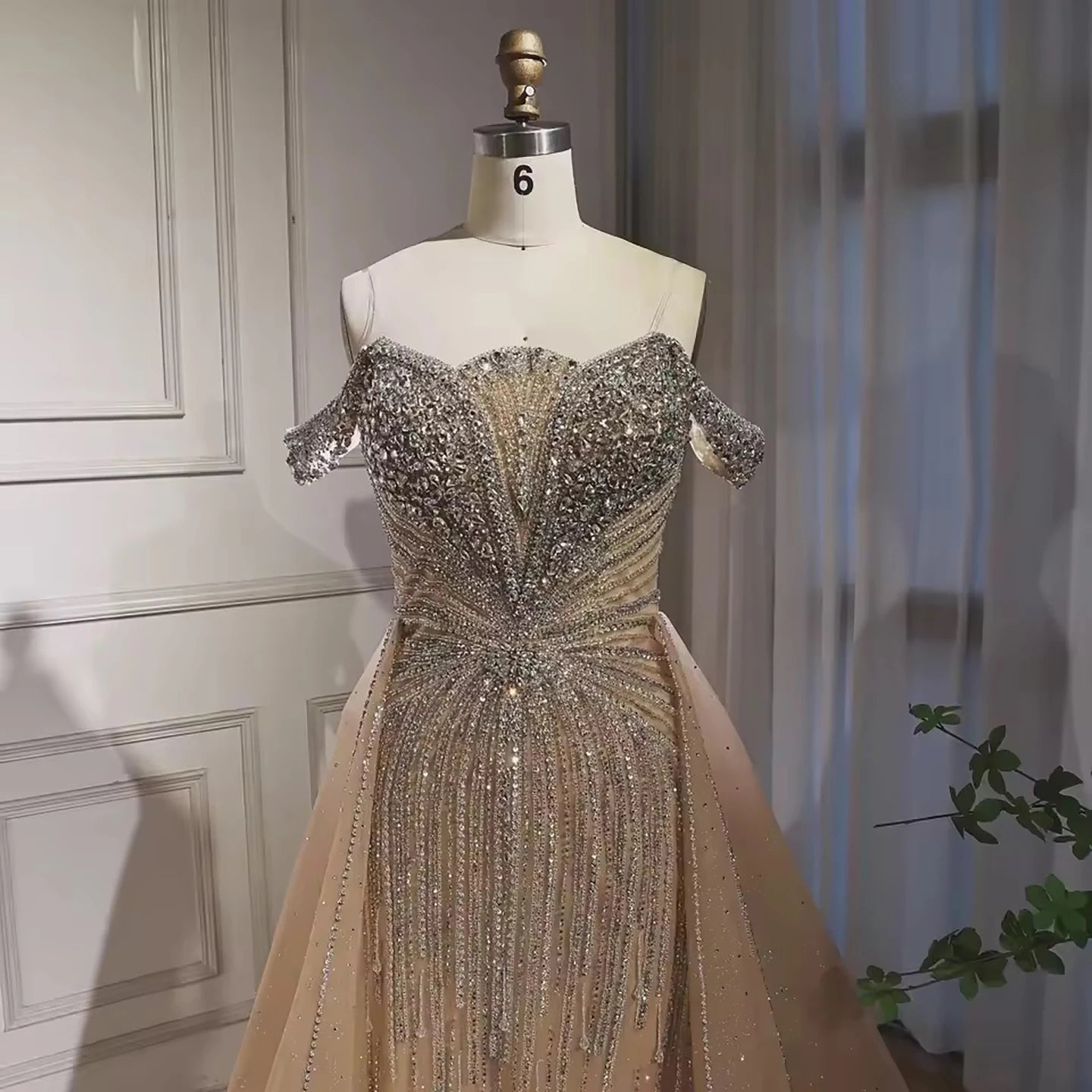 Luxury Beaded Nude Off Shoulder Mermaid Evening Dress LA73392 - SERENE HILL