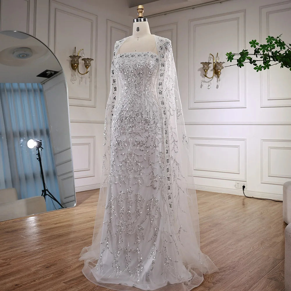 Luxury White Dubai Arabia Beading Evening Dress With Cape LA72870 - SERENE HILL