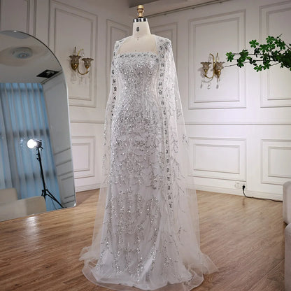 Luxury White Dubai Arabia Beading Evening Dress With Cape LA72870 - SERENE HILL