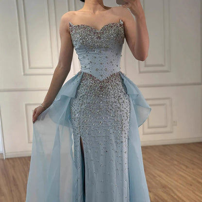 Luxury Blue Crystal Beaded Mermaid Evening Dress with Overskirt LA73145 - SERENE HILL