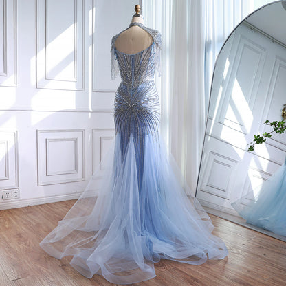 Luxury Dubai Beaded Blue Pink Evening Dress with Tassel Cape LA72897B - SERENE HILL