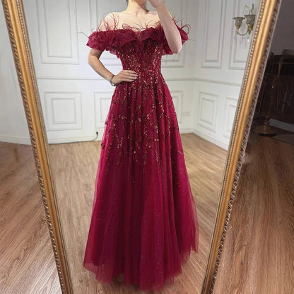 Luxury Turquoise Beaded Feather A Line Evening Dress LA71328 - SERENE HILL