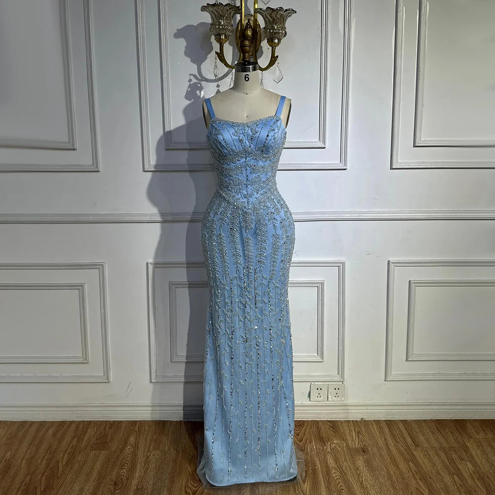 Luxury Arabic Blue Spaghetti Strap Mermaid Evening Dress Beaded LA72725 - SERENE HILL
