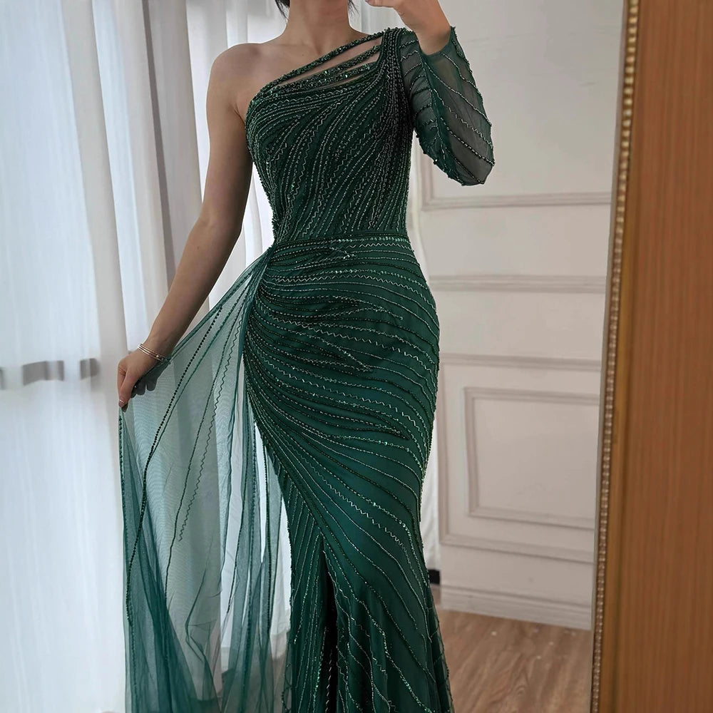 On Sale no return no refund Serene Hill Green One Shoulder Mermaid Split Open Evening Dresses Beaded Sexy Party Gowns 2025 For Women LA72046 - SERENE HILL