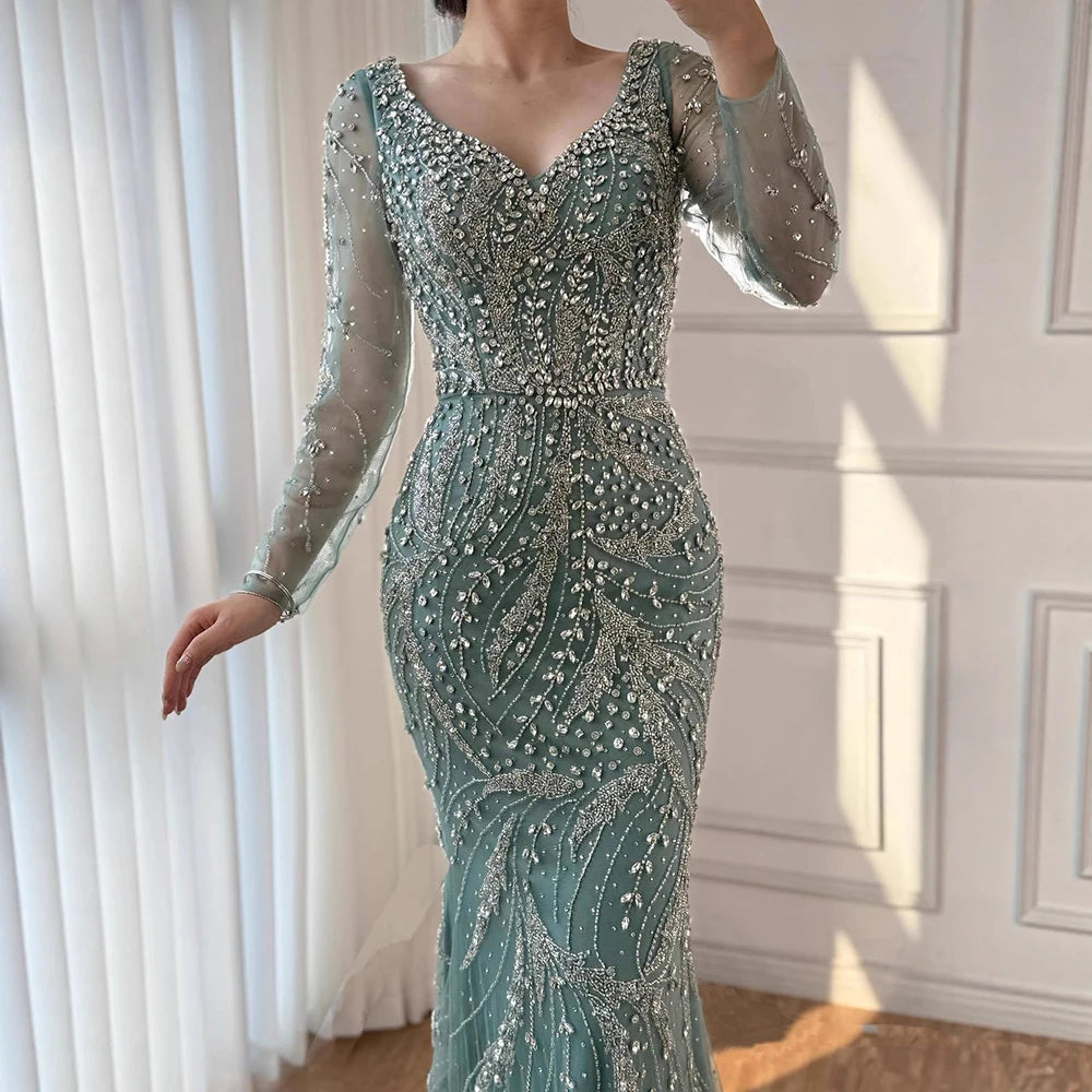 Luxury Muslim Nude Arabic Mermaid Beaded Evening Dress LA73191 - SERENE HILL