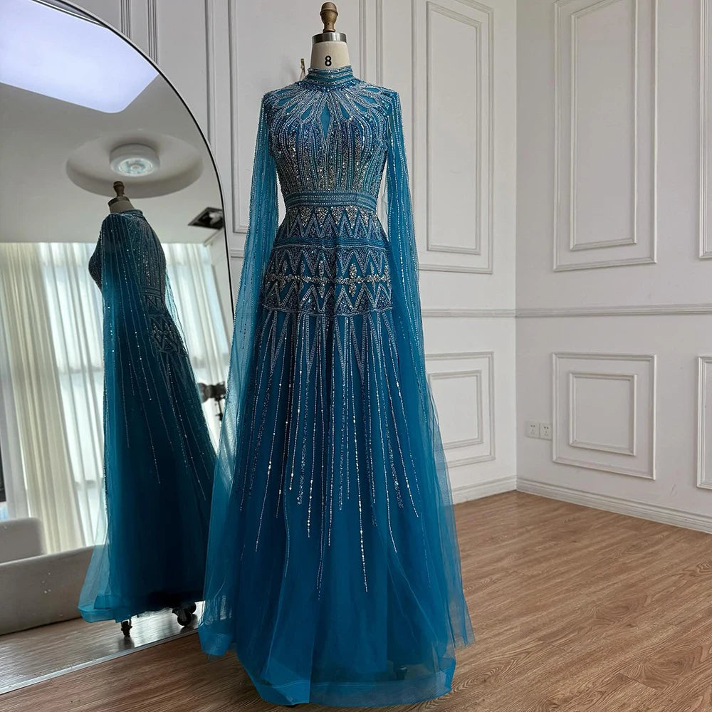 Luxury Arabic Blue Beaded Evening Dress with Cape Sleeves LA73187 - SERENE HILL