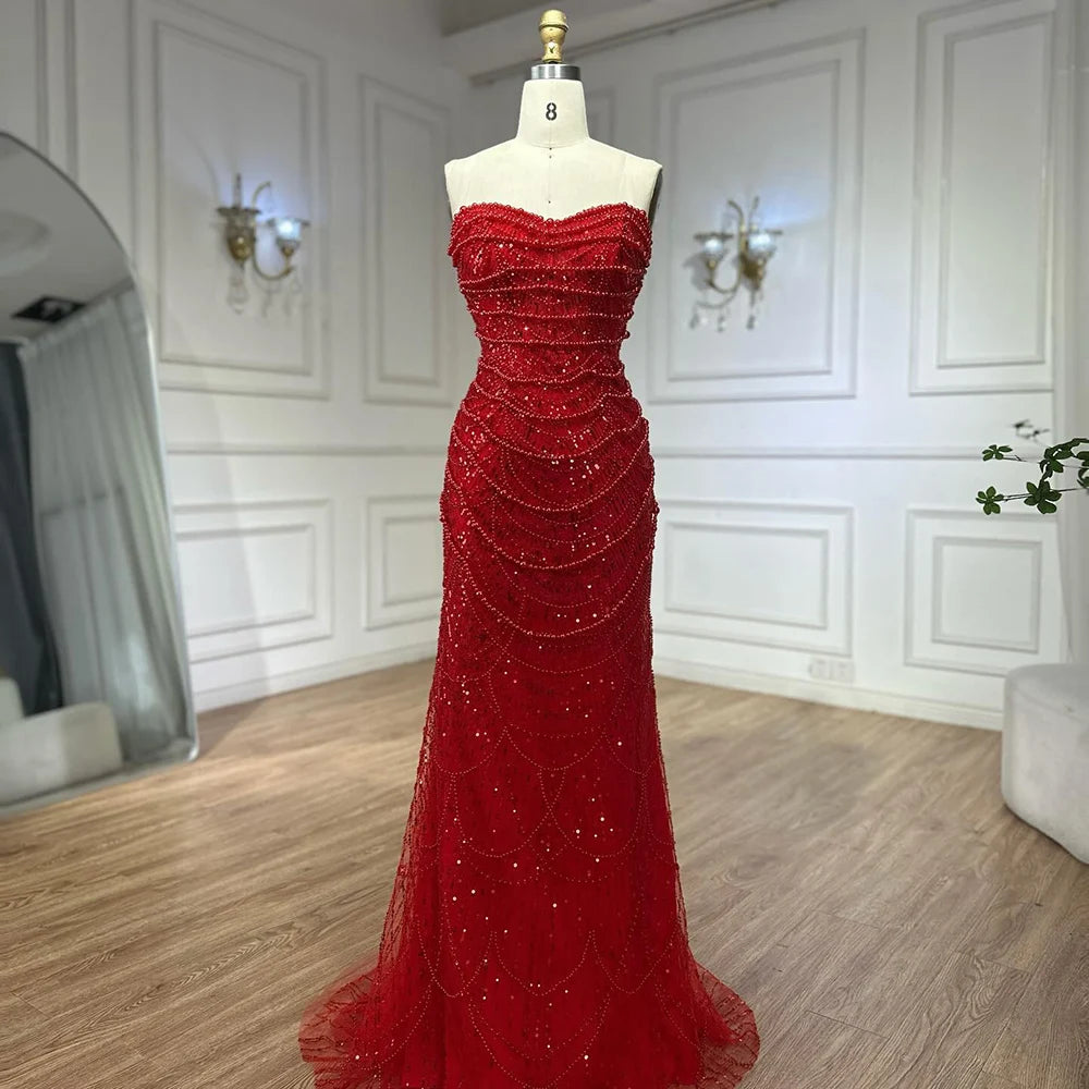 Red Long Cape Pearls Beaded Mermaid Evening Dress Gown LA72585A - SERENE HILL