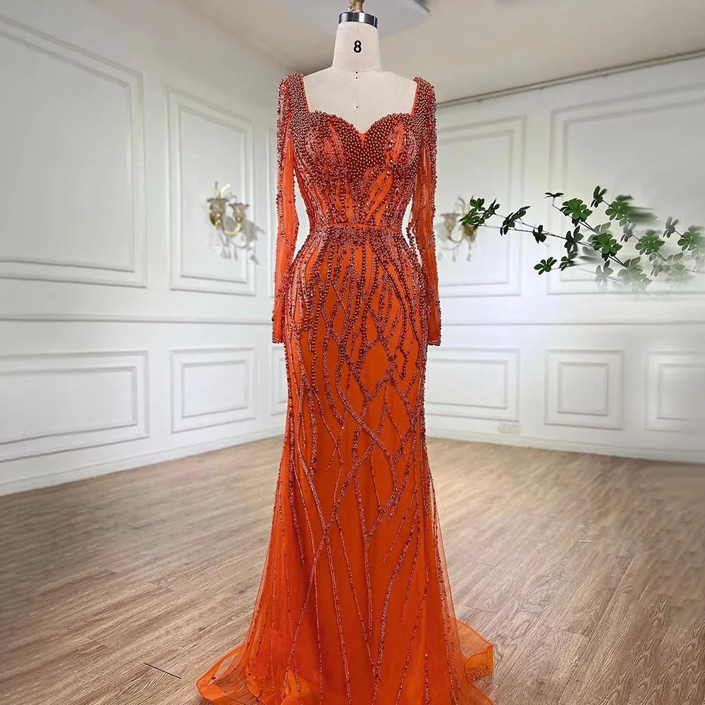 Serene Hill Blue Mermaid Luxury Pearls Beaded Arabic Elegant Evening Dresses Gowns For Woman Wedding Party LA71861 - SERENE HILL